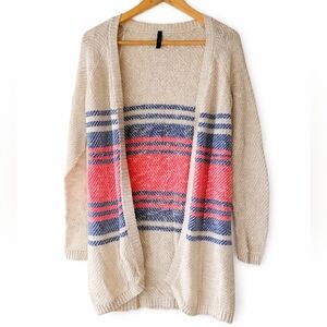 ABSOLUTELY Striped Open Front Knit Cardigan Cream Red Blue Medium